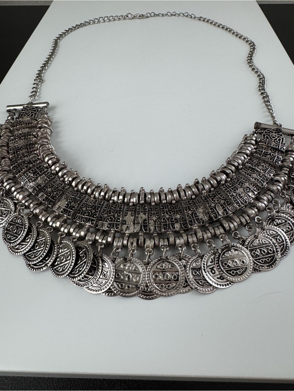Vintage-Inspired Silver Coin Layered Bib Necklace
